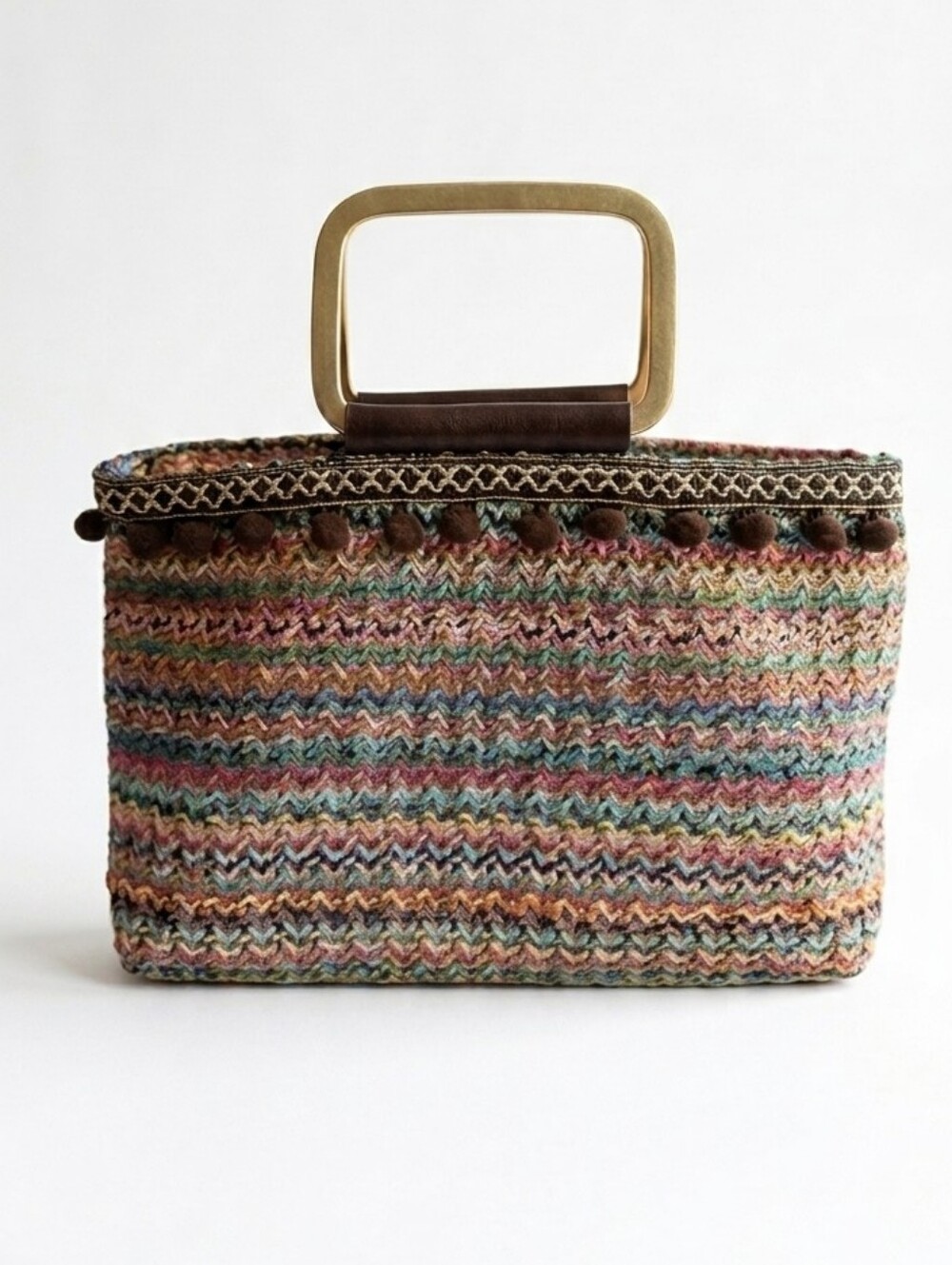 Coastal Cowgirl Boho Woven Chevron Top Handle Tote Bag Pom Pom Trim Artisan